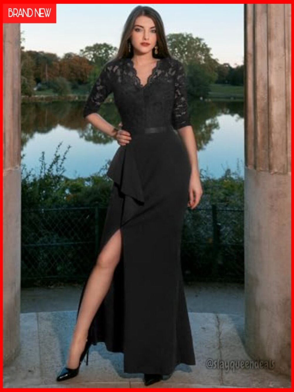 Vintage Floral Lace Ruffle Half Sleeve Evening Party Formal Long Dress - Picture 3 of 7
